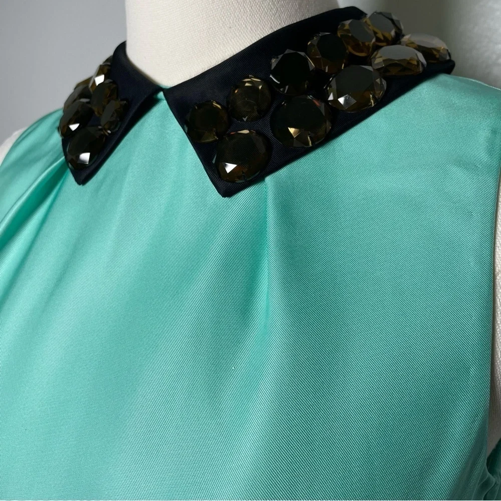 Kate Spade New York Sleeveless Embellished Collar Top Size 2 Aqua Black Trim